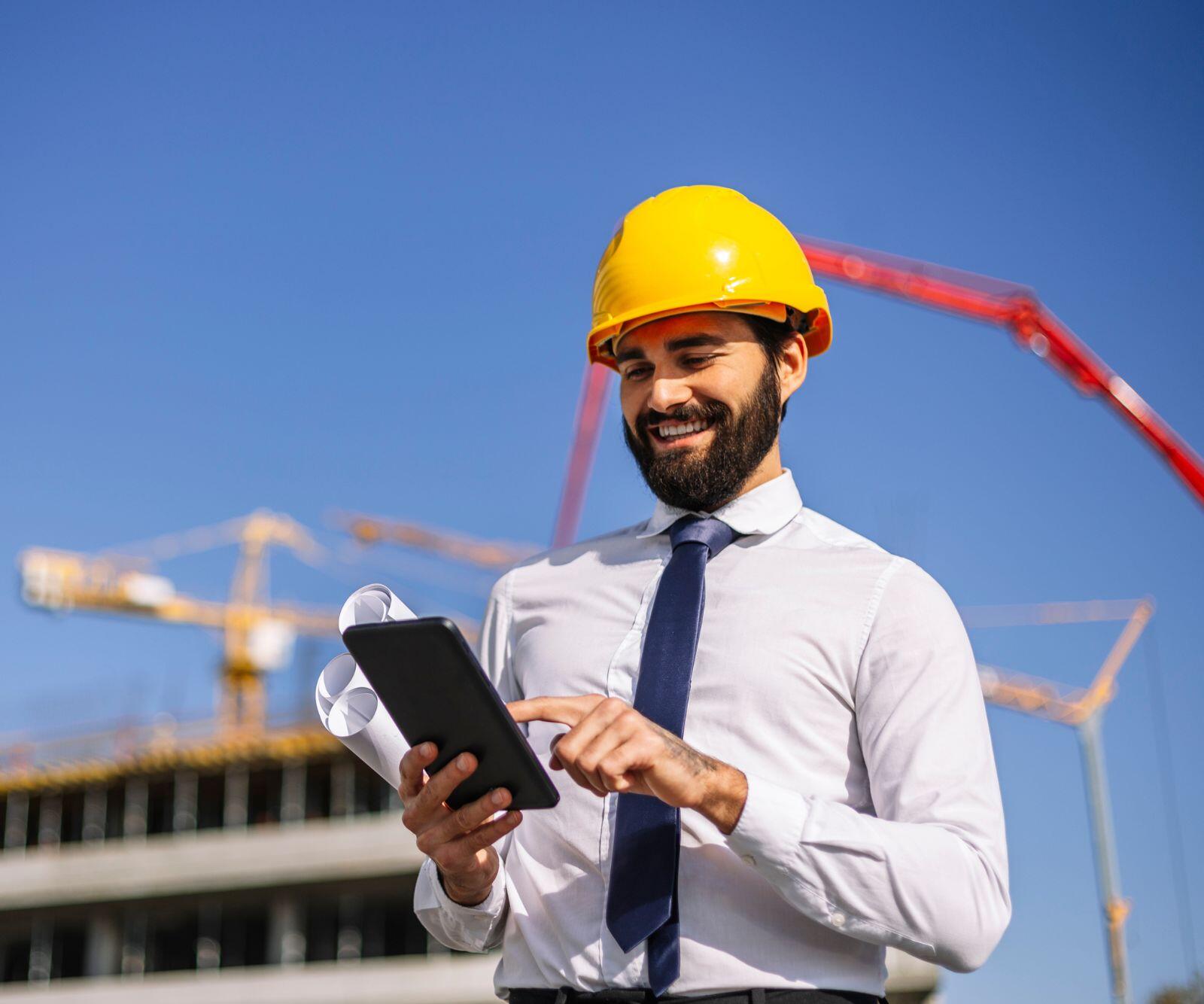 Site manager reviewing construction progress via camera