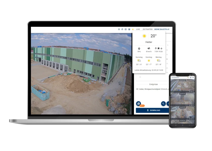 Webportaal BauTV+ op laptop en smartphone – time-lapse-camera voor uw bouwplaats